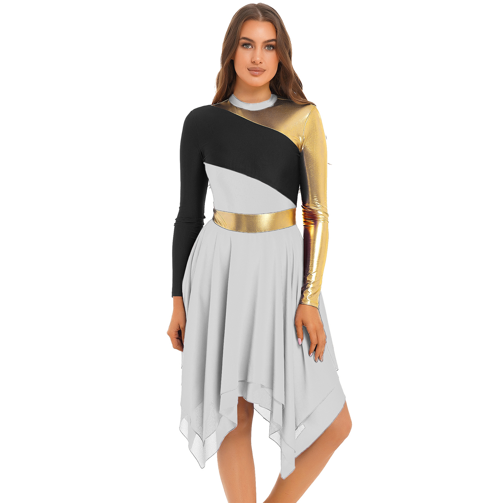 Robe de danse lyrique pour femmes, robe en Patchwork de blocs de couleurs avec pantalons à jambes larges, ensembles de Costume de danse de salle de bal de culte