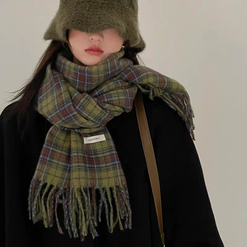 Écharpe à carreaux pour femmes, châle chaud et Long en Tartan vert, enveloppe de voyage de Style coréen, hiver