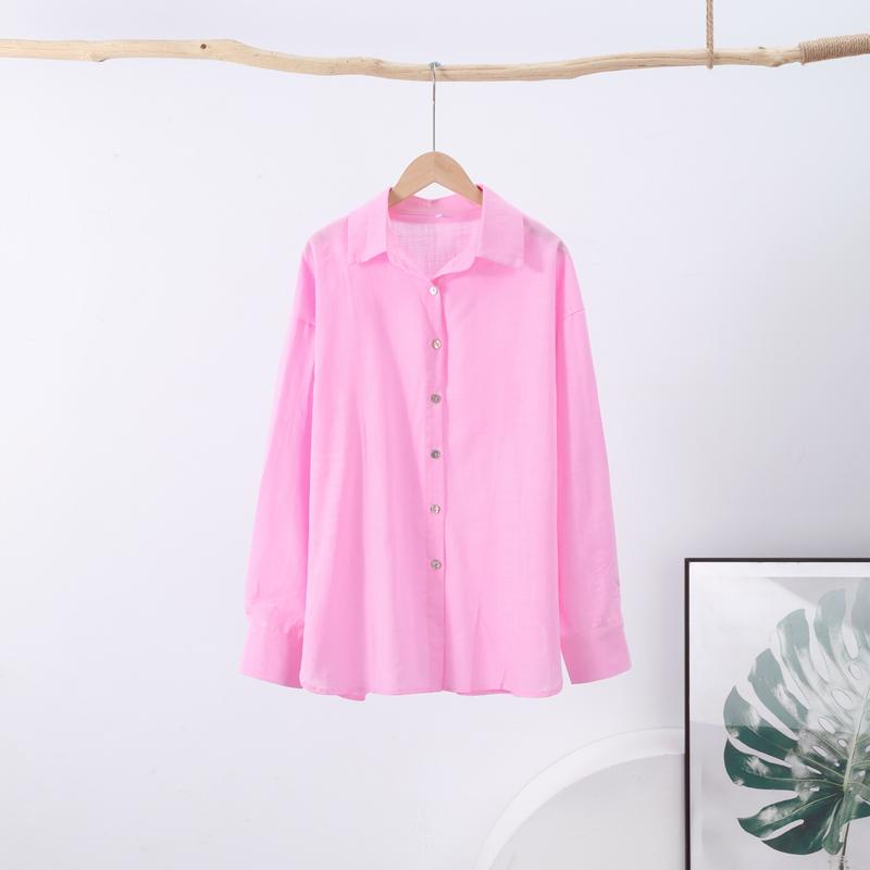 Chemise ample en coton et lin pour femmes, chemisier élégant rose surdimensionné, haut à revers à manches longues, mode printemps été