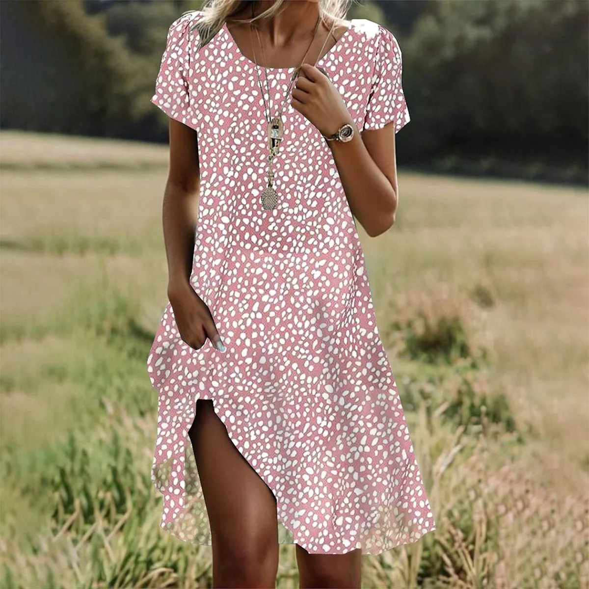 Robes ethniques pour femmes, manches courtes, col rond, mode d'été imprimée, vacances de rue, jupe mi-longue de plage