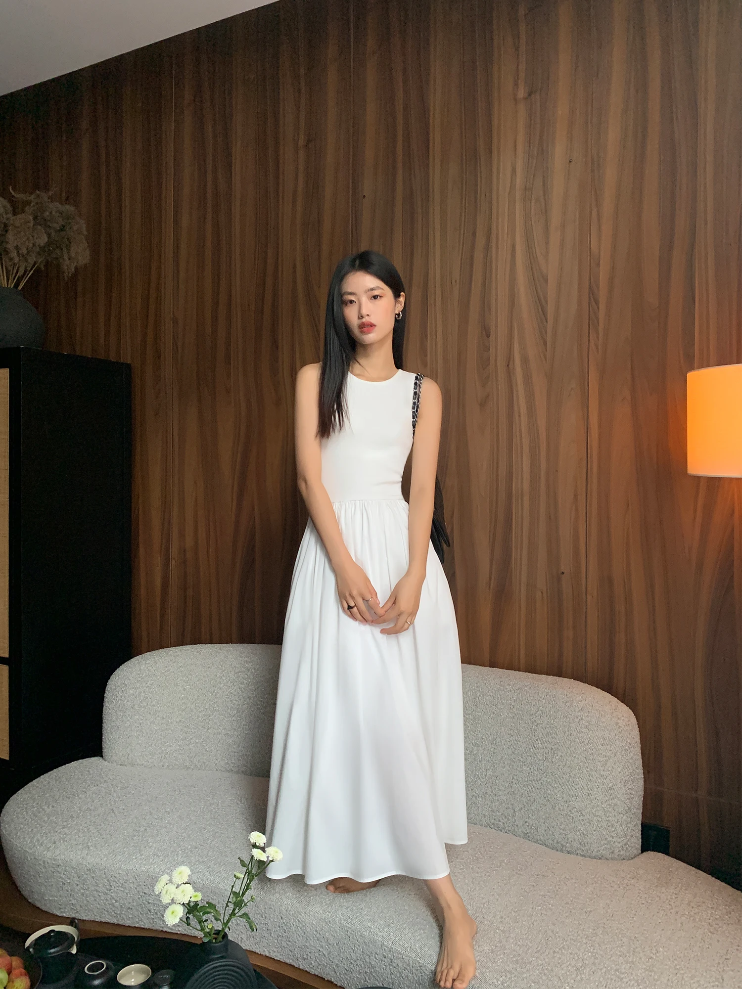 Robe Midi Chic Y2K Femme Printemps-Été Coupe A-Line Élégante Noire et Blanche Style Décontracté et Moulant
