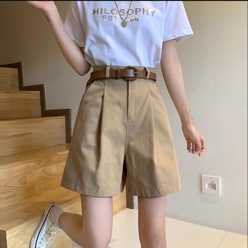 Shorts de travail pour femmes, taille haute, été, coupe large, avec ceinture, kaki, décontracté, en coton, style coréen, uni, avec poches