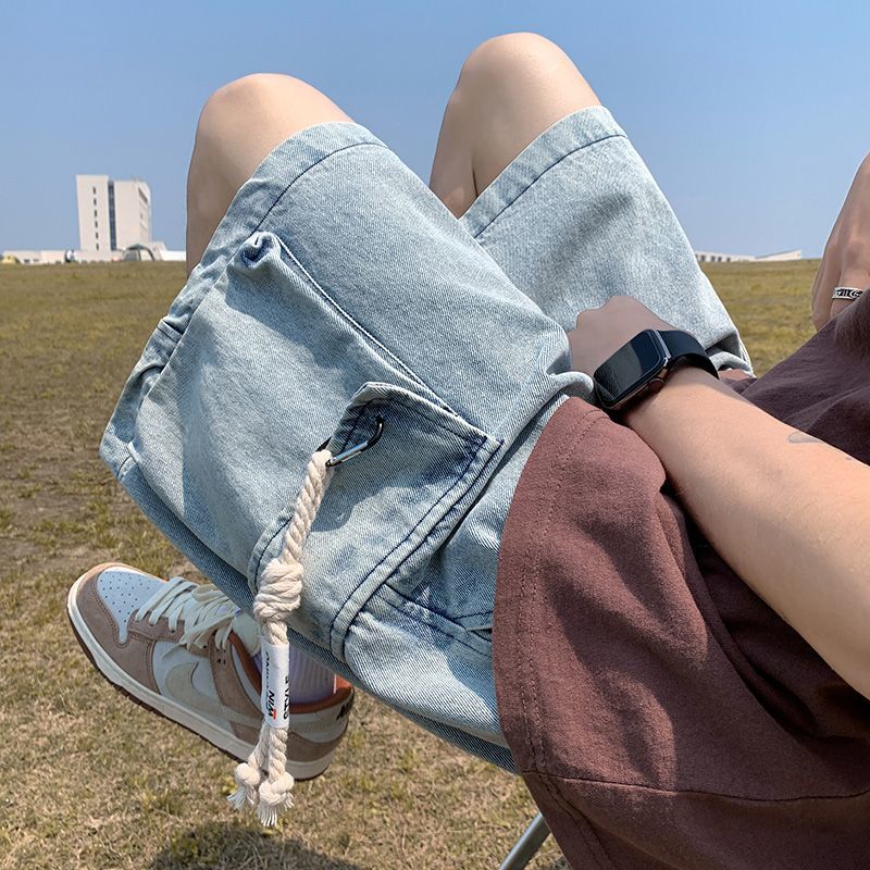 Vêtements de travail rétro américains fins pour hommes, Denim, taille élastique, ample, cinq points, taille moyenne, été