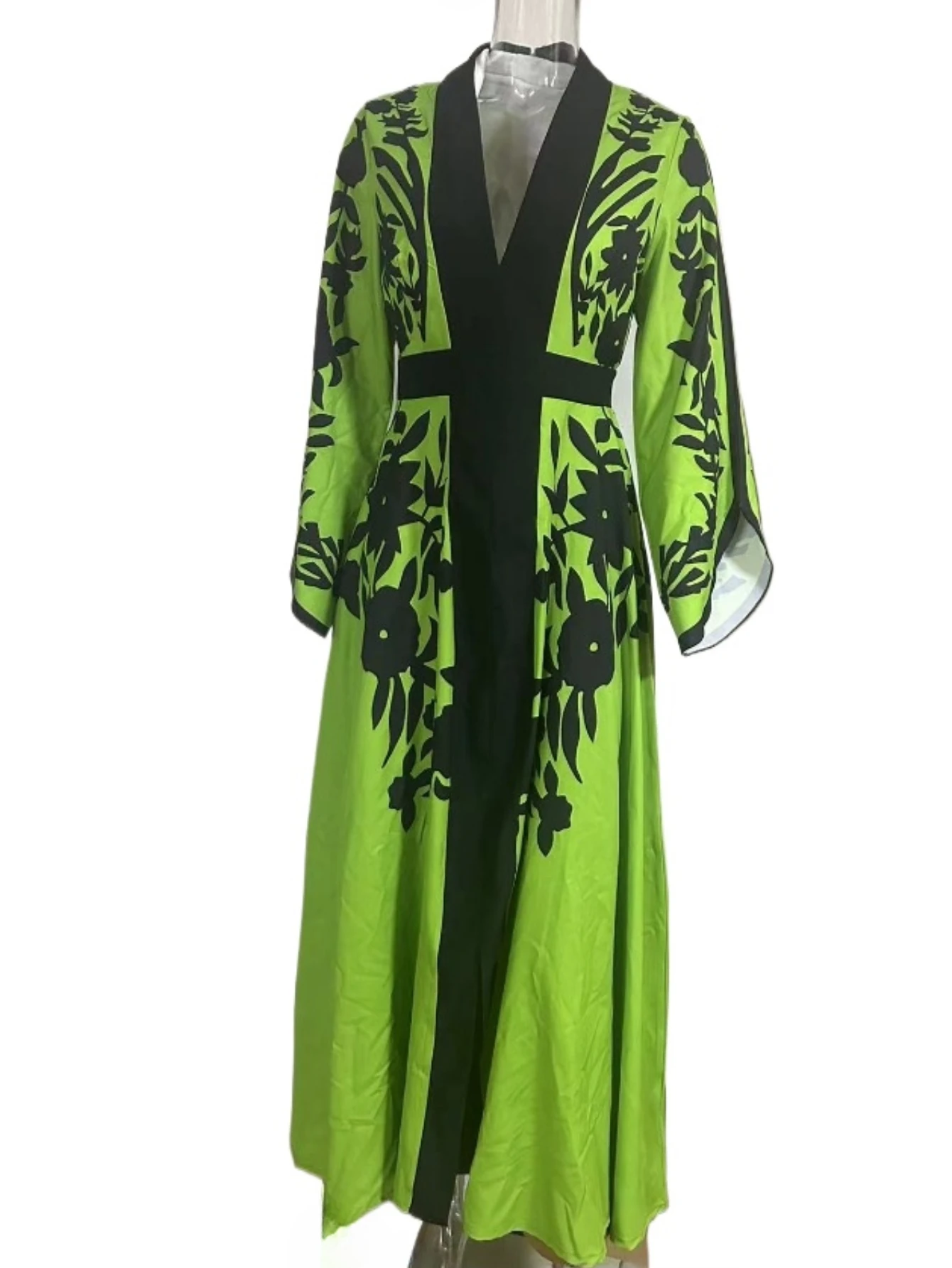 Robe de ramadan musulmane avec appliques, robe maxi de soirée élégante, col en V, manches évasées, taille nouée, robe trapèze à manches longues, printemps