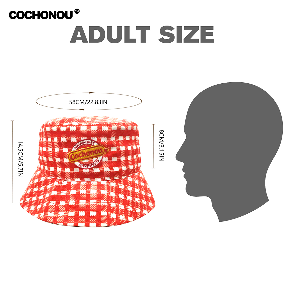 Chapeau Bob COCHONOU avec logo brodé, polyester à carreaux rouges, chapeau de soleil tendance pour homme et femme