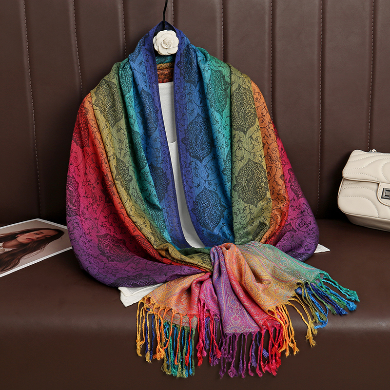 Couleurs arc-en-ciel hiver chaud épais Style ethnique Jacquard écharpe femmes voyage musulman Hijab cachemire gland châle enveloppement Pashmina