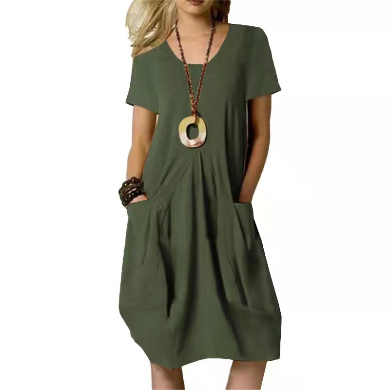 Robes pour femmes 2026 – Nouvelle collection été en coton et lin, couleur unie, coupe ample, col rond, manches courtes, longueur genou – Vêtements Vestidos