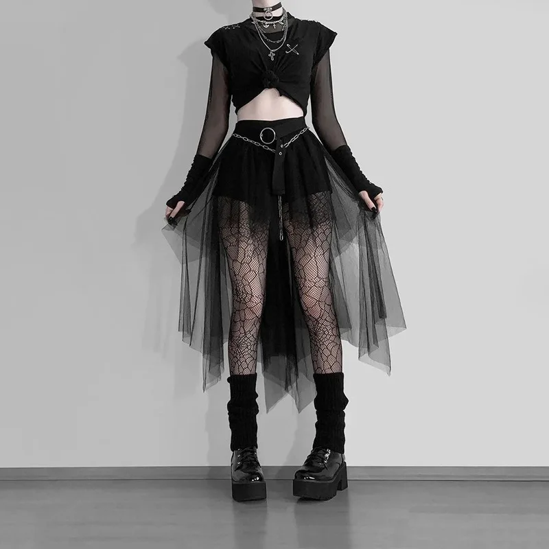Jupe irrégulière taille haute en fil de filet pour femmes, jupe décontractée d'été de Style gothique, Sexy et charmante