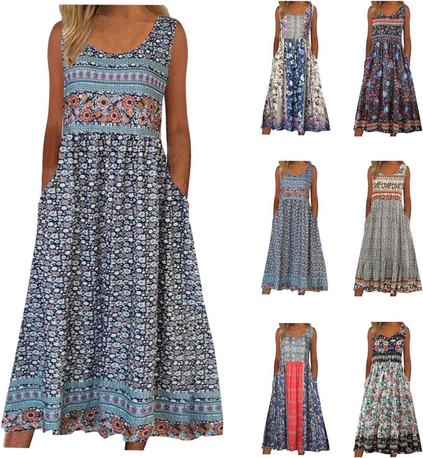 2025 été nouveau! Robe d'été MIDI de plage décontractée à fleurs bohème sans manches pour femmes avec poches fluide et ample