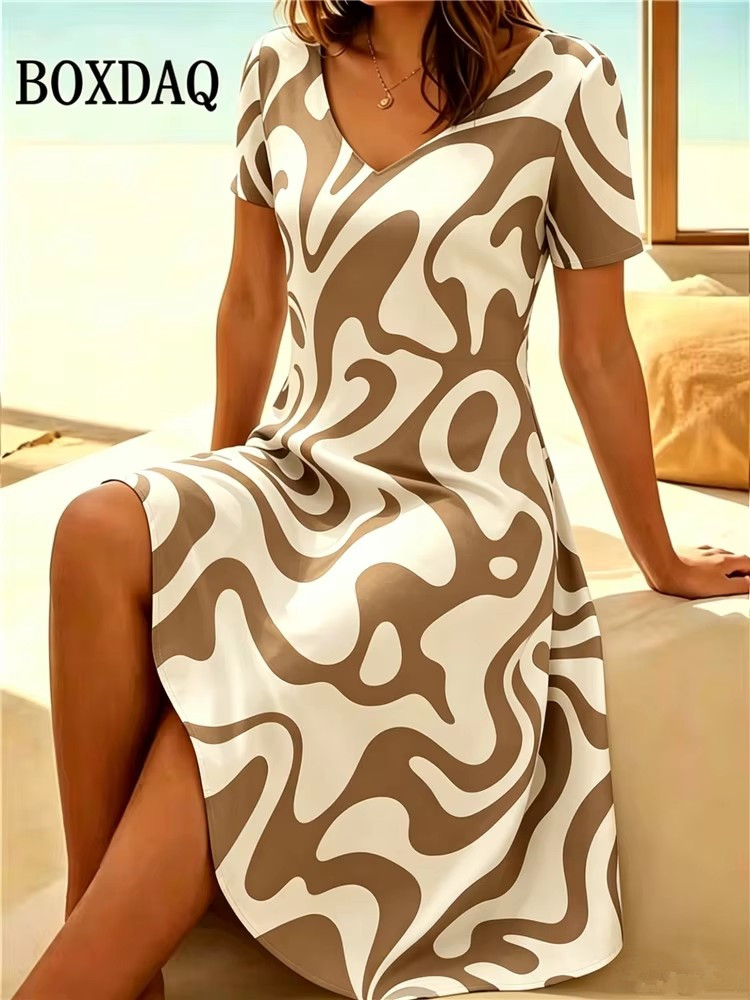 Nouvelle Robe Décontractée Femme 2026 à Manches Courtes et Col en V, Motif Peinture Abstraite, Robe d'Été Tendance Grande Taille Coupe Évasée 6XL