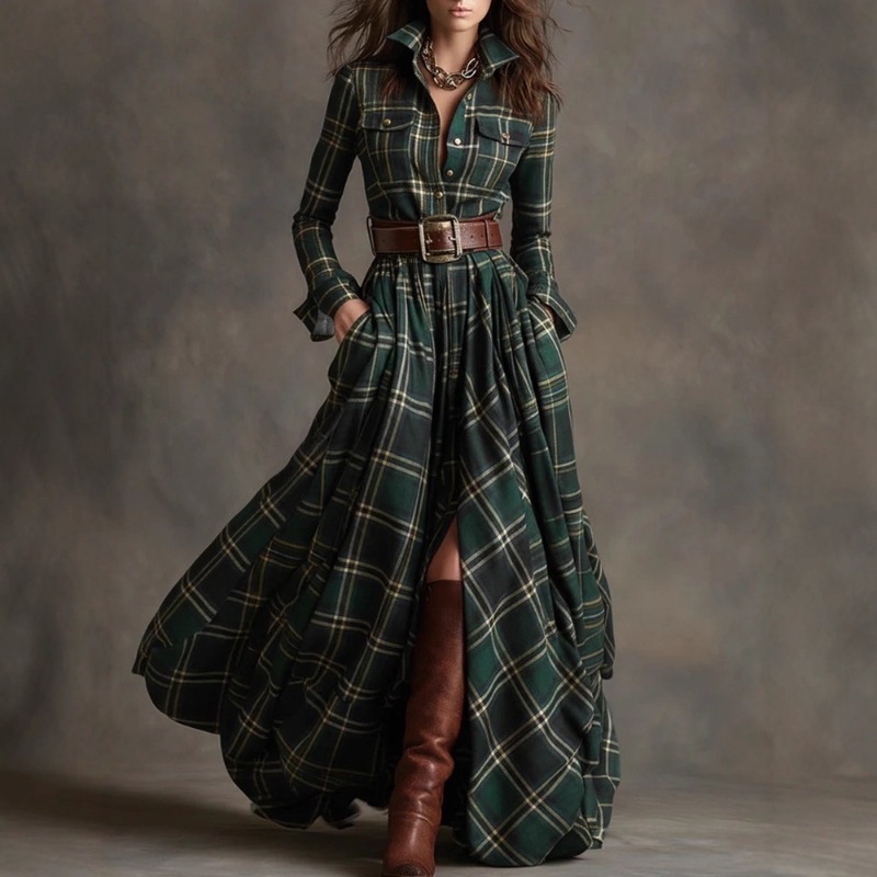 Robe longue à manches longues pour femme, grande taille, style rétro français, à carreaux, coupe irrégulière, nouvelle collection, idéale pour les soirées