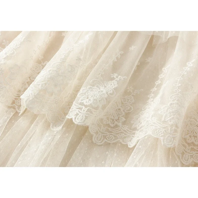 Élégante jupe longue en mousseline patchwork de dentelle, nouvelle jupe plissée taille haute en maille superposée, ligne A romantique à pois pour l'été 0208