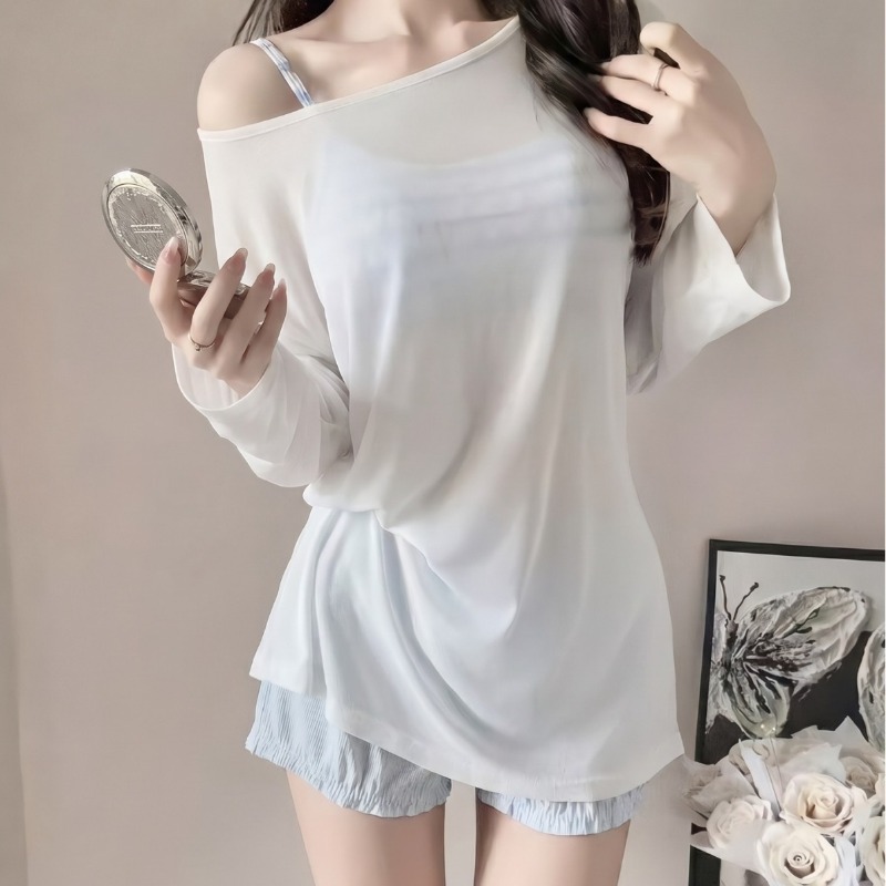 Camisole rayée pour femmes, épaules dénudées, manches longues, couverture en maille, short bleu clair avec cordon de serrage, maillot de bain d'été pour la plage