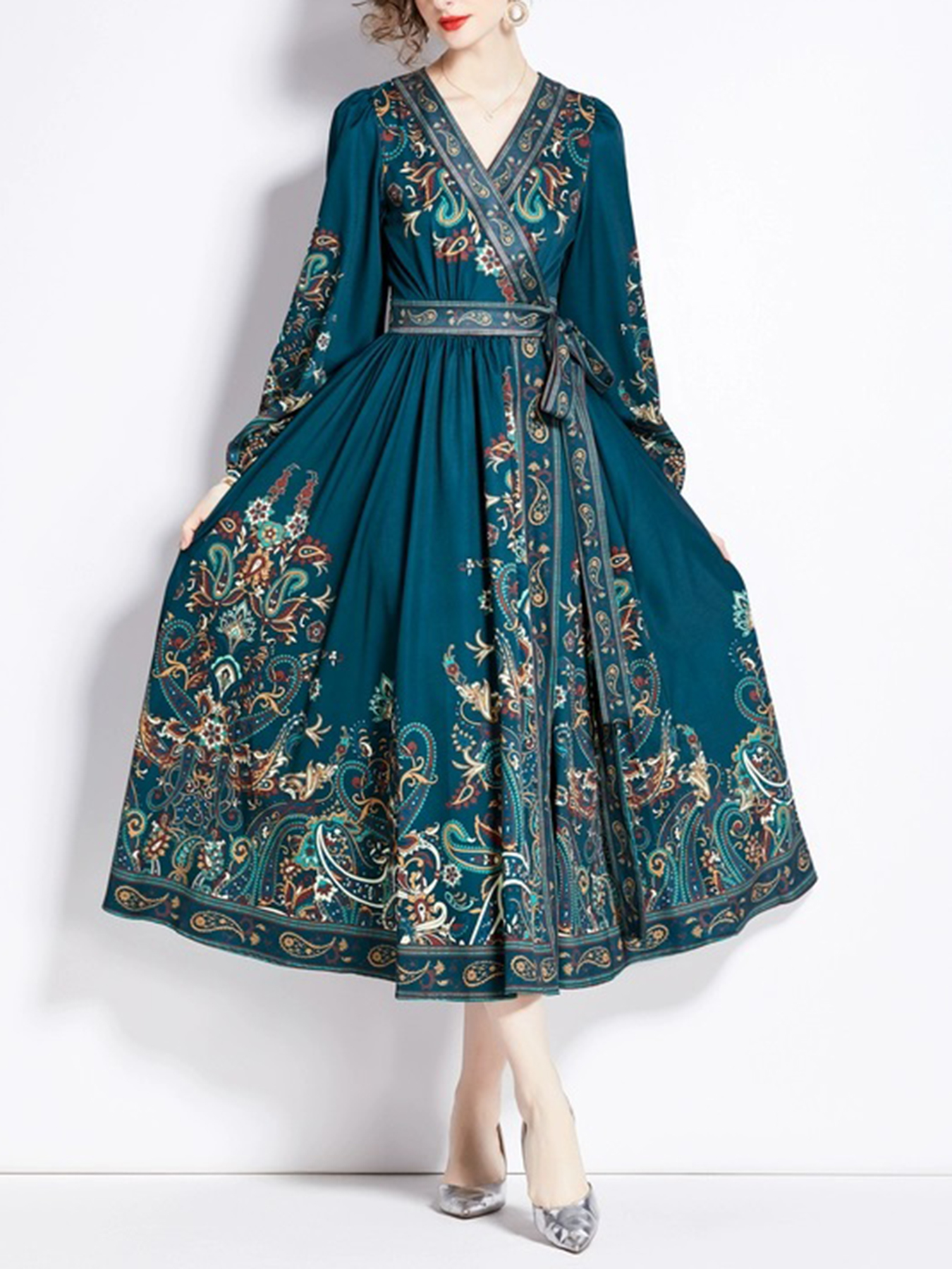 Robe longue ethnique style vintage imprimé, élégante, grande taille, pour le printemps et l'automne, col en V, manches longues, ceinturée, pour les vacances et le quotidien, style Moyen-Orient