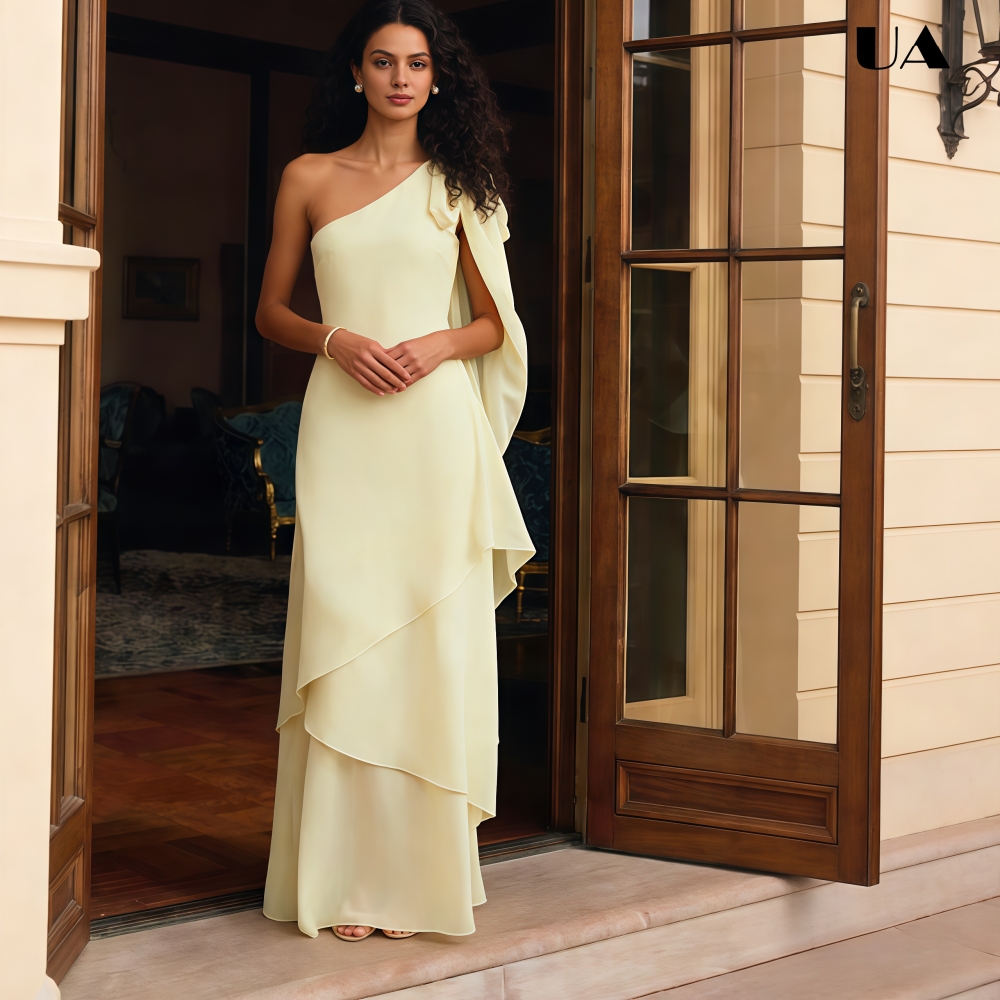 Robe de bal élégante en mousseline ULBYANRY à une épaule avec nœud drapé, robe de soirée asymétrique unie à couches, robe de soirée personnalisée