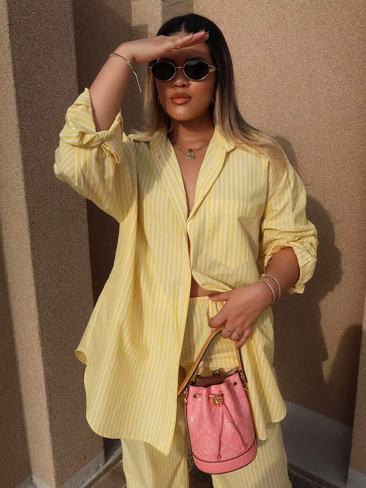 Ensemble 2 pièces chic pour femme : chemise rayée jaune à manches longues et pantalon large à cordon de serrage – Style streetwear