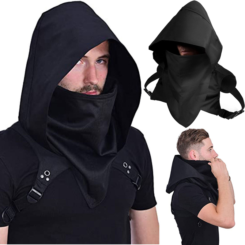 Capuche de cosplay médiéval vintage pour hommes, Everak Black Cyberpunk Rogue, capot d'écharpe, accessoires de costume de fête d'Halloween, 7.5 ate