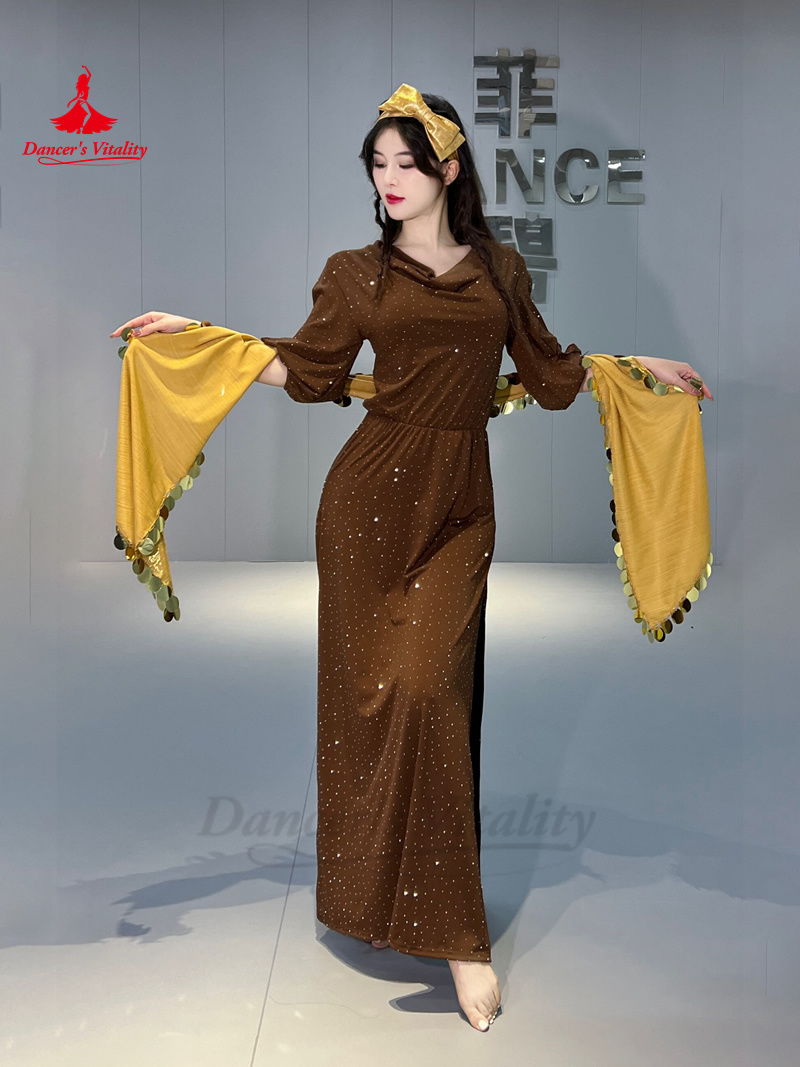 Ensemble de olympiques de performance de danse du ventre pour femmes, robe en coton à demi-manches, coiffure, ceinture, robes de performance Shabbi Baladi, 3 pièces