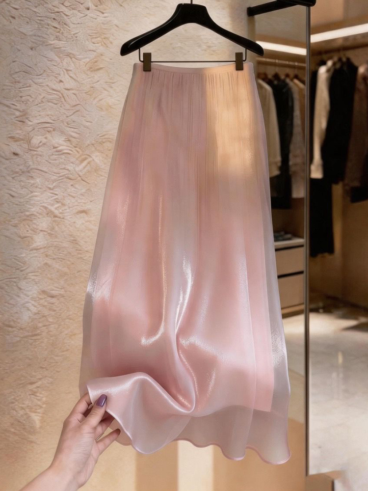 Jupe longue rose élégante pour femme, style doux et tendance, en tissu perlé, coupe ample, taille haute, chic d'été, style preppy, jupe de danse Ins