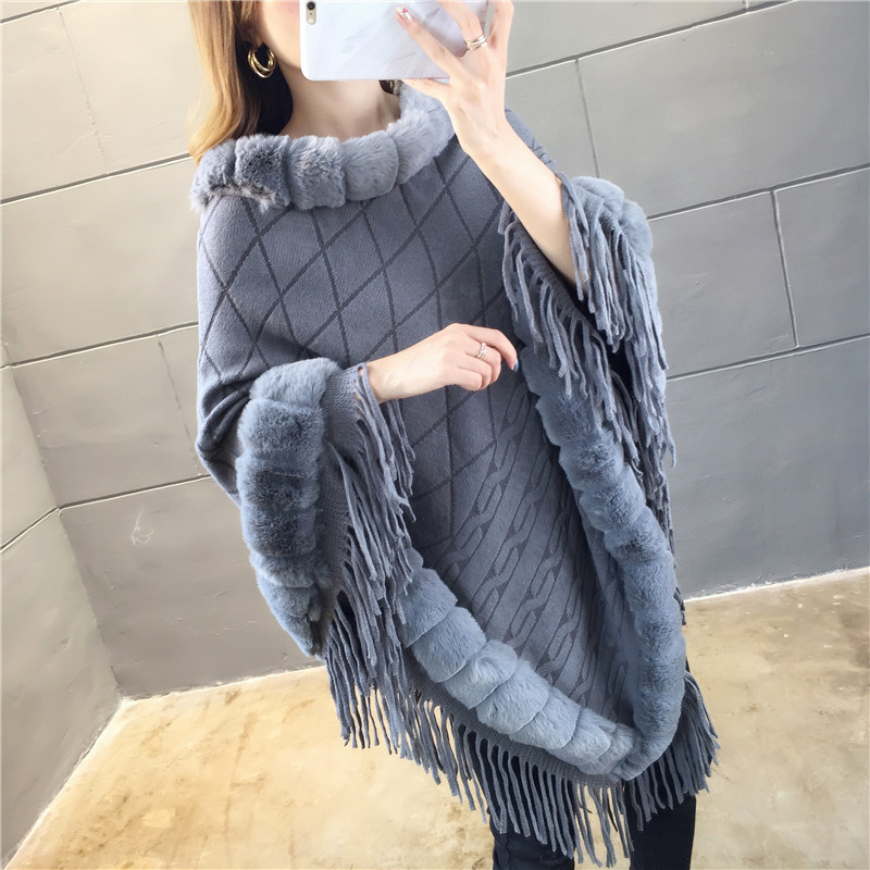 Manteau en fausse fourrure de lapin pour femme, pull à col en laine, châle chaud, Poncho, Capes grises, automne et hiver