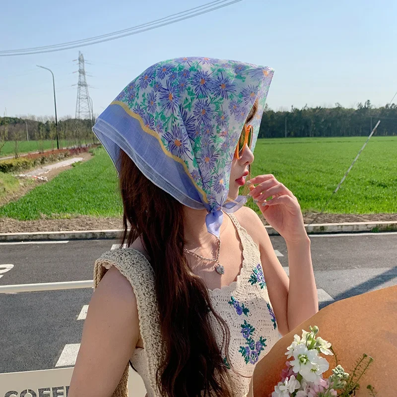 Foulard Bandana en coton pour femmes, petit Hijab imprimé Floral, mouchoir pour cheveux, bandeaux carrés de 55cm, foulards de cou