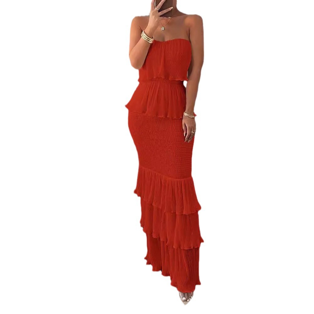 Robes Boho Sexy Slim Fit plissées à volants pour femmes, monochromatique, cravate de soutien-gorge, dame, tempérament