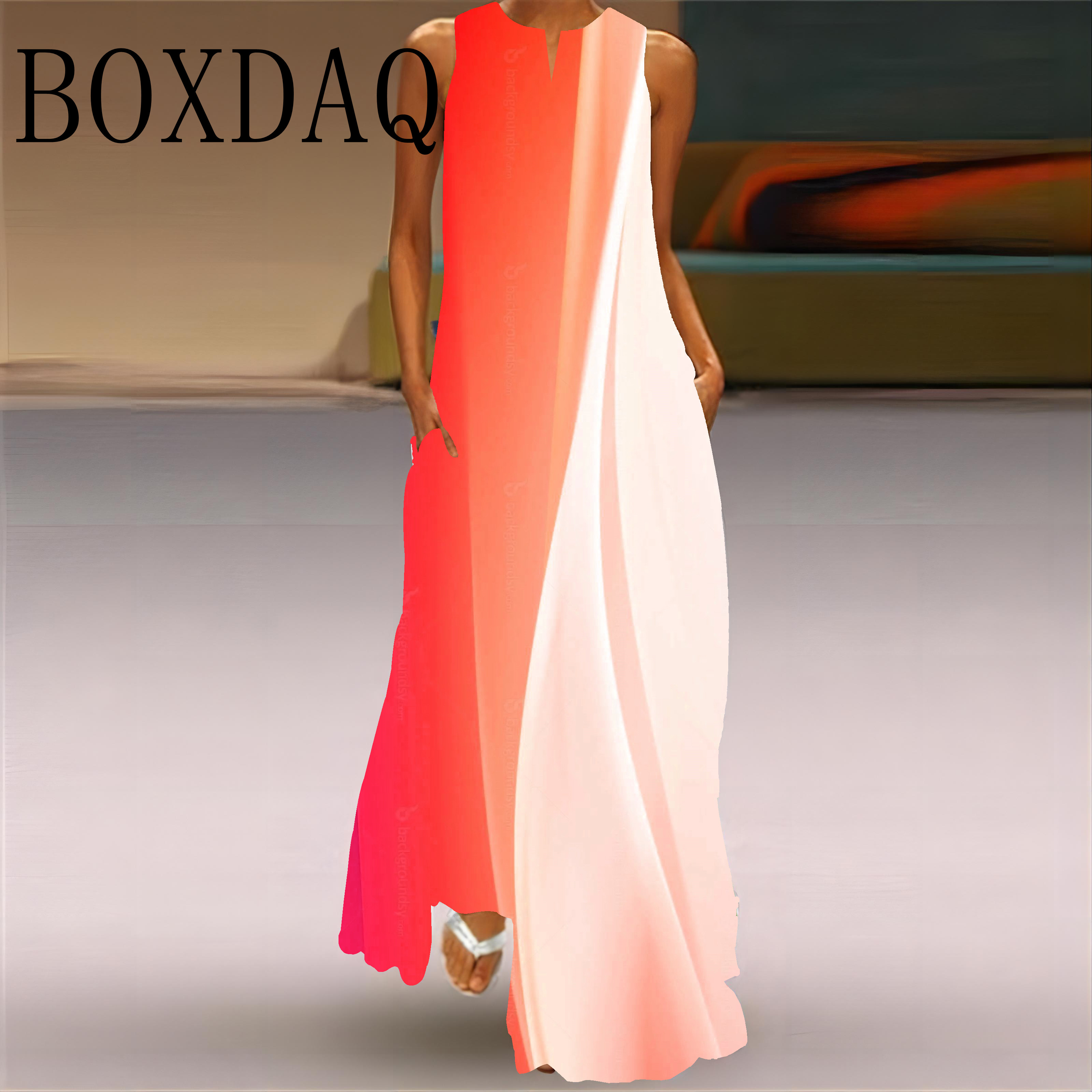 Robe Maxi à imprimé dégradé pour femmes, ample, sans manches, longue, élégante, mode dames, col en V, poches, nouvelle collection été 2025