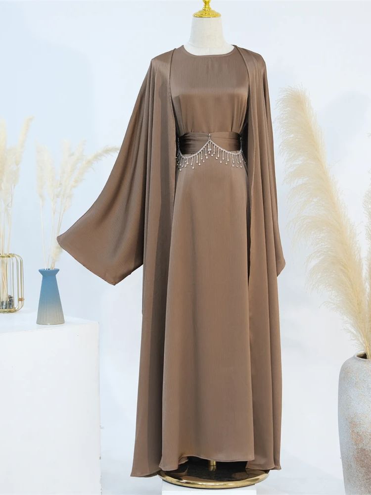 Ramadan Satin 2 pièces Abaya dubaï ensemble de luxe avec chaîne vêtements de prière musulmane femmes robes Caftan Marocain Robe Femme Musulmane
