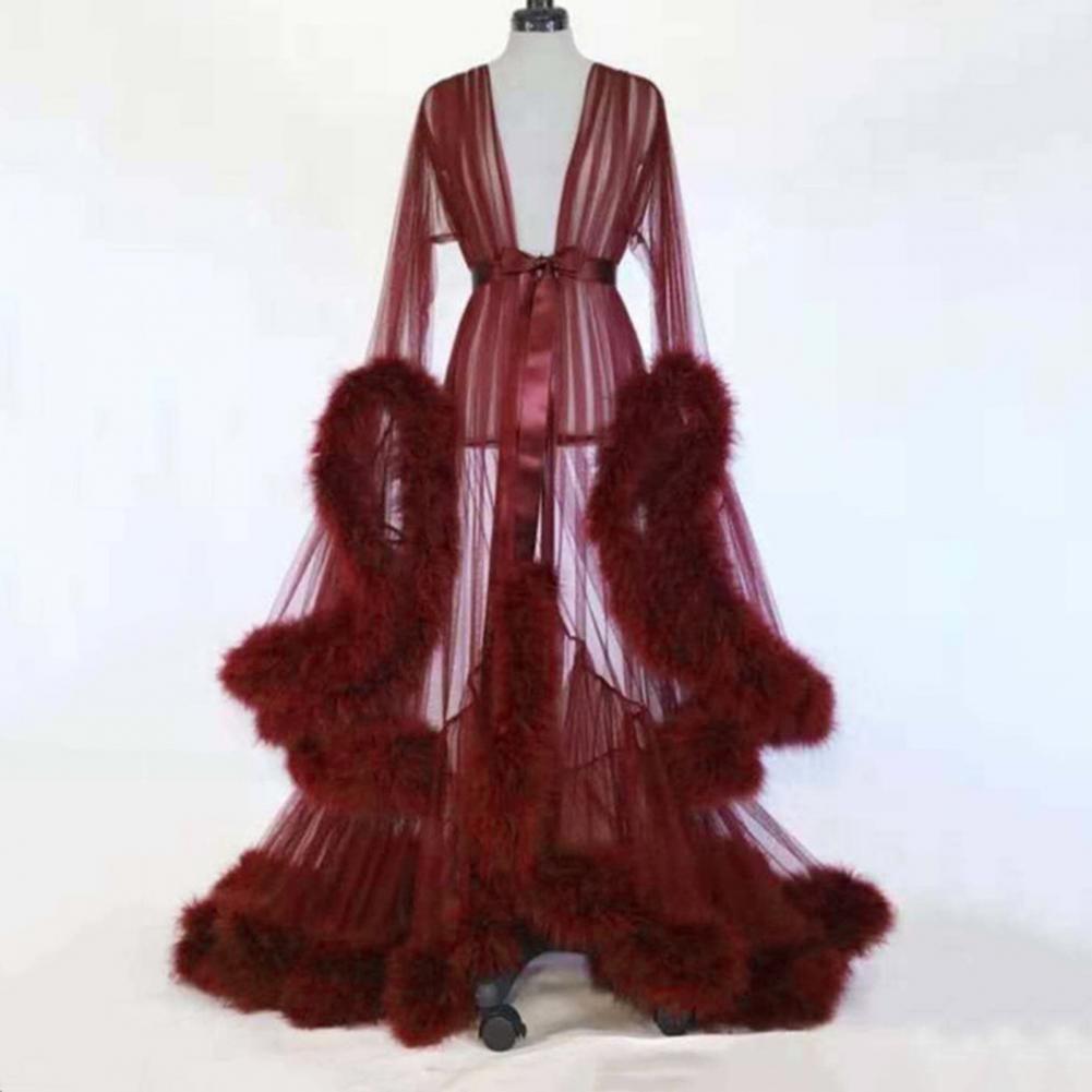 Robe Kimono d'été pour femme en tulle transparent, col en V, manches longues, longueur ras du sol, robe de nuit, peignoir de nuit pour lune de miel, robe de chambre