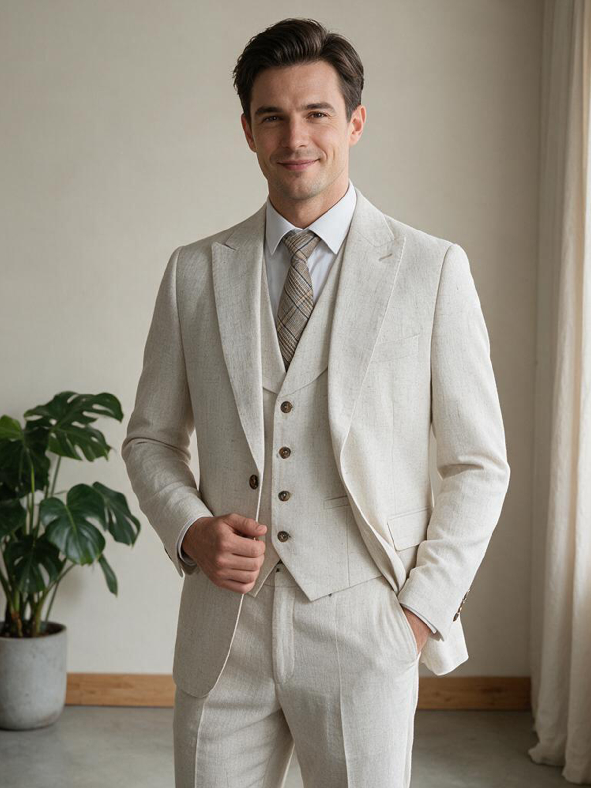 Ensemble 3 pièces de style turc (veste + gilet + pantalon) Costume élégant pour homme, veste beige, coupe ajustée, costume complet pour homme, bureau, affaires