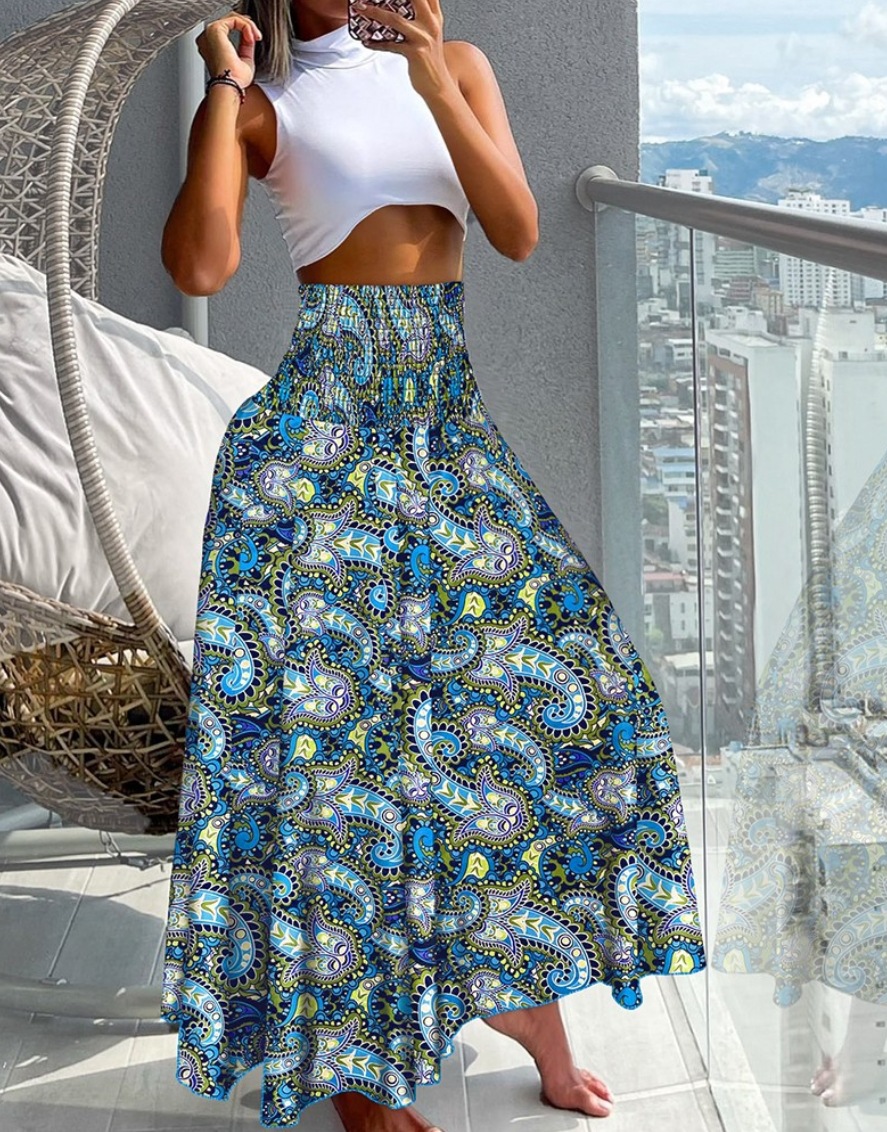 Jupe longue pour femme à taille haute et élastique, style bohème, imprimé géométrique, fluide, maxi, pour l'été et la plage
