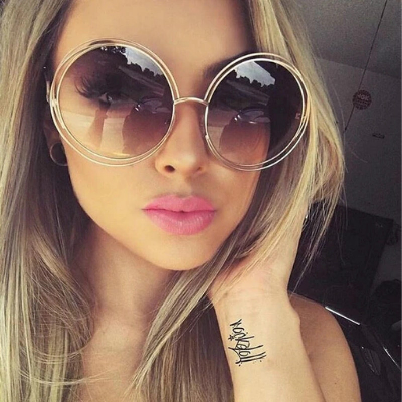 Lunettes de soleil vintage rondes surdimensionnées pour femme, monture métallique de marque, style rétro cool