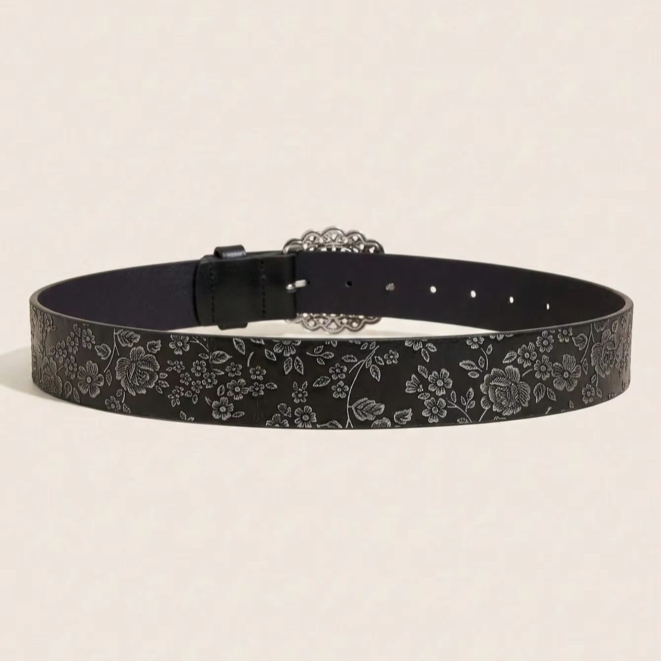 Ceinture à fleurs noires en relief de style bohème pour femmes, ceinture vintage polyvalente de style denim, adaptée aux occasions décontractées, 1 pièce