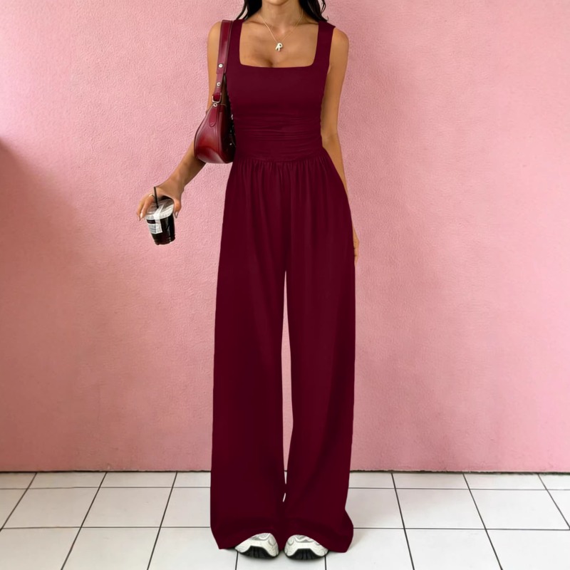 Ensemble deux pièces pour femme : débardeur froncé à col carré et pantalon taille haute à poches larges, couleur unie, style décontracté, streetwear, tenue assortie
