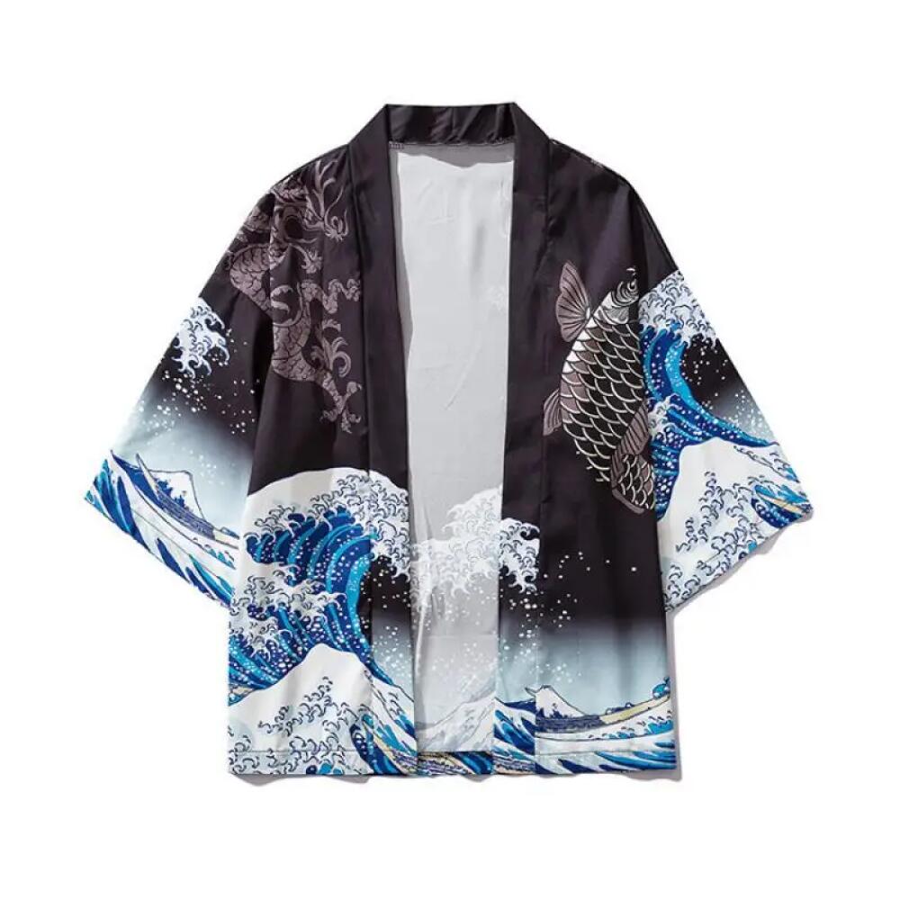 Kimono japonais 2026 pour hommes et femmes, manteau à motif vague et carpe vert, Haori traditionnel, pull en laine à col ouvert, robe de plage japonaise noire