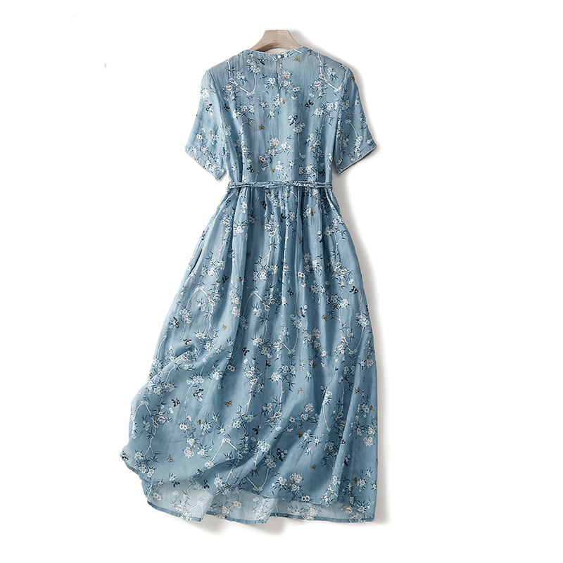 2025 nouveau mince coton doux imprimé fleuri ample confortable Vintage robe d'été ceinture mince bureau dame travail robe femmes décontracté robe mi-longue