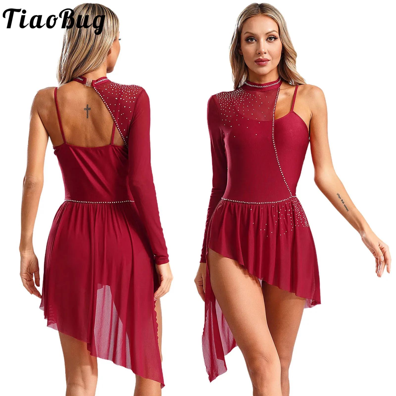 Robe de danse lyrique pour femmes, asymétrique épaule dénudée, maille asymétrique fendue, patinage, gymnastique, justaucorps, Costume de danse contemporaine moderne