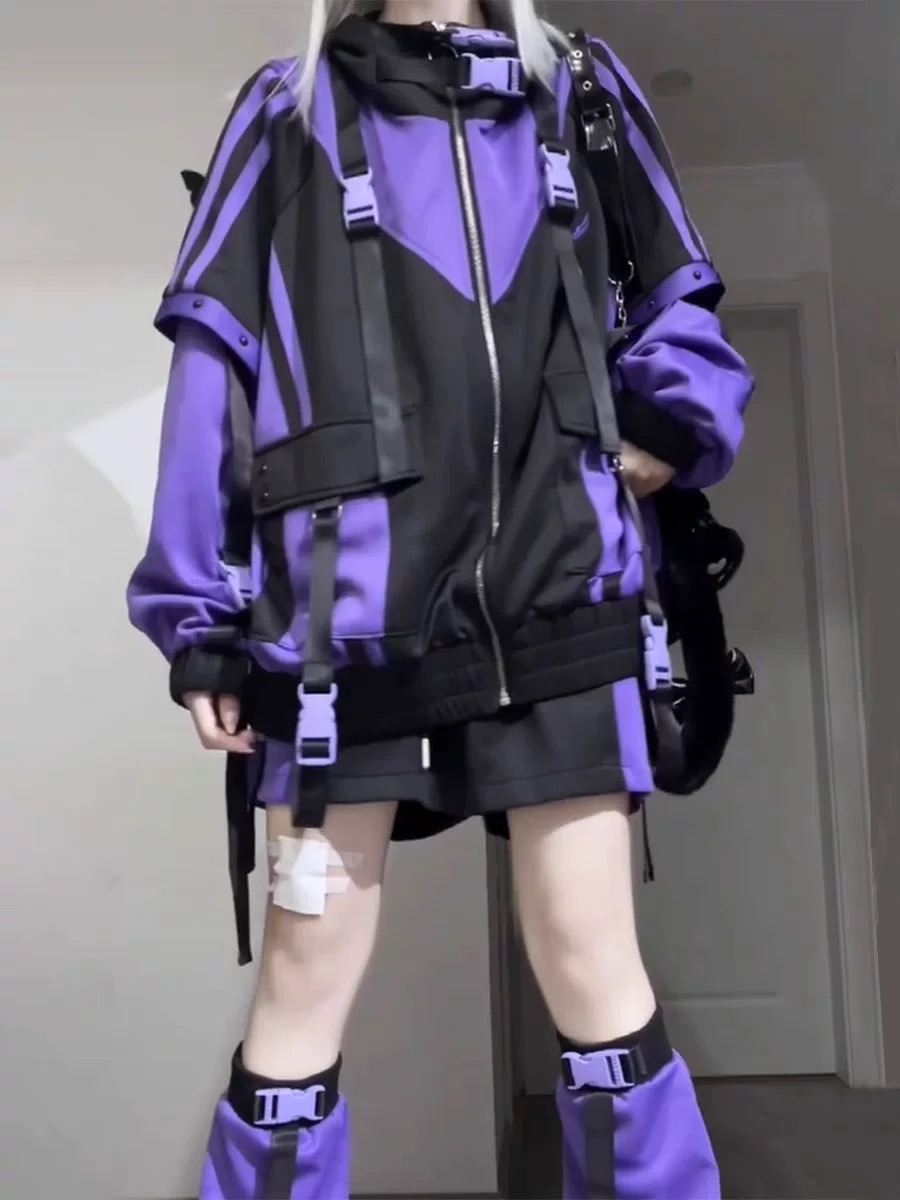 Veste en Patchwork violet pour femmes, mode japonaise, Style Techwear, Harajuku, coupe-vent Cosplay, manteau Vintage Y2K, 2025