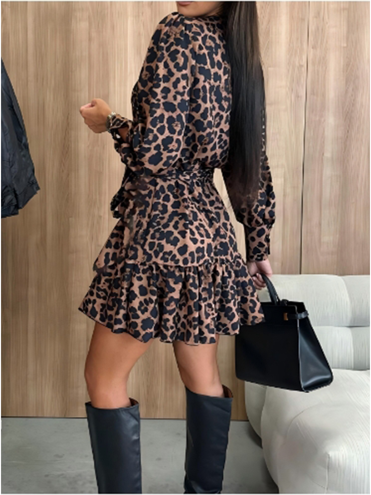 Robes imprimées léopard pour femmes, col en v, à lacets, manches longues, Sexy, élégante, pour rencontres, Mini robe d'automne