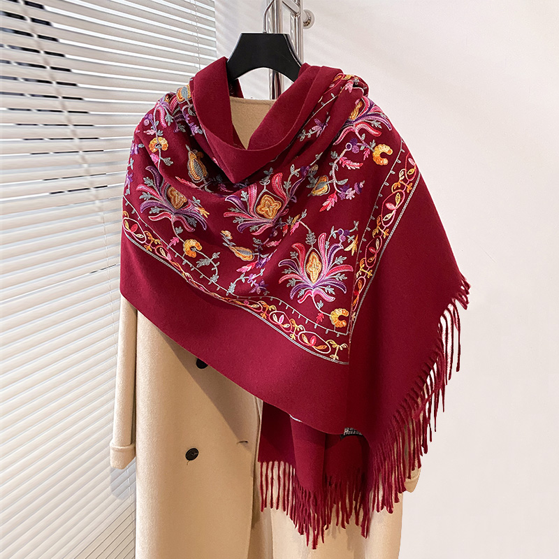 Écharpe brodée de luxe pour femme, Pashmina à longues franges, couverture pour femme, châle doux, haute qualité, chaud, hiver