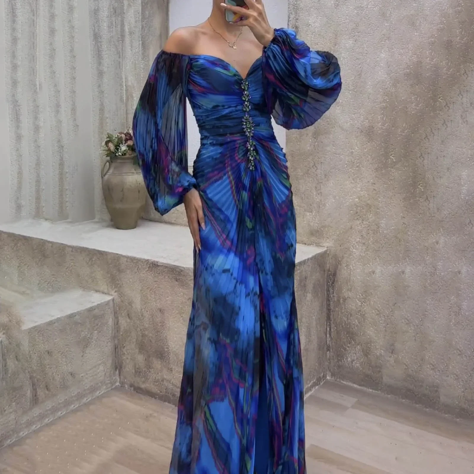 Robes de soirée de mariage longues pour femmes dames rassemblant plissé à manches longues robe formelle de Cocktail ample robe de mode pour femmes