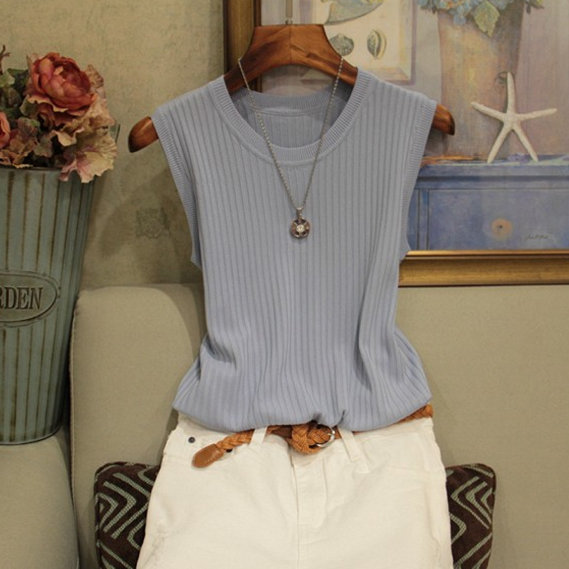 Mode femme Blouse 2025 été sans manches Blouse femmes col rond tricoté Blouse chemise femmes vêtements femmes hauts et chemisiers C853