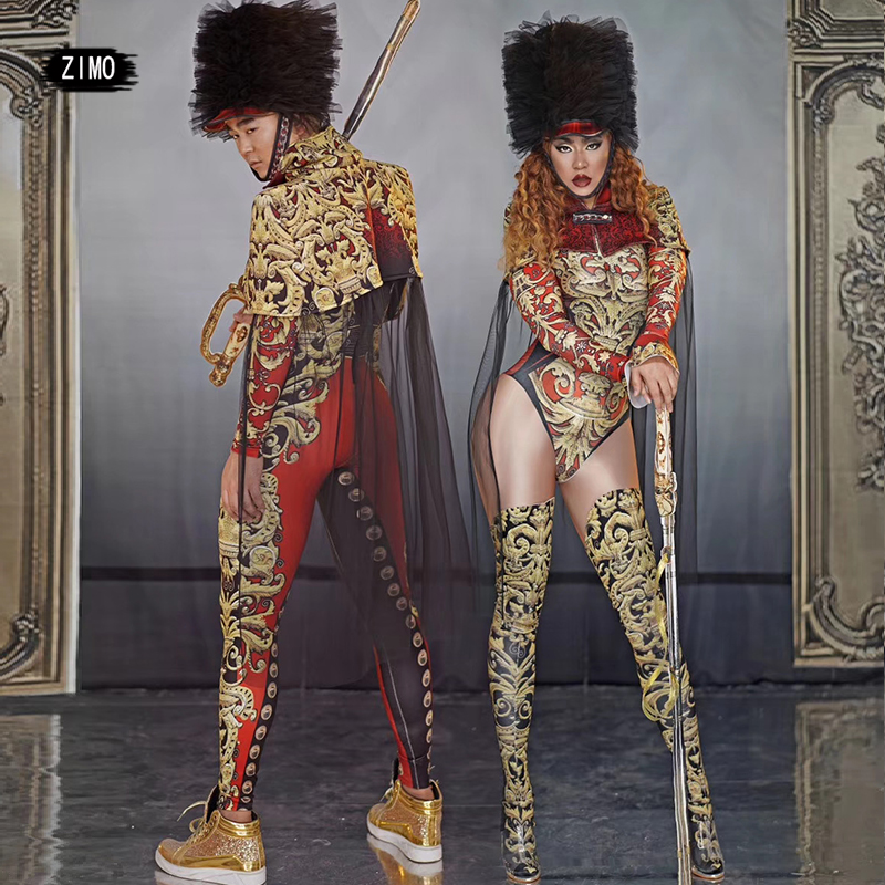 Costume de scène homme/femme, uniforme militaire, combinaison vintage imprimée, cape, tenue de danse, déguisement de drag queen