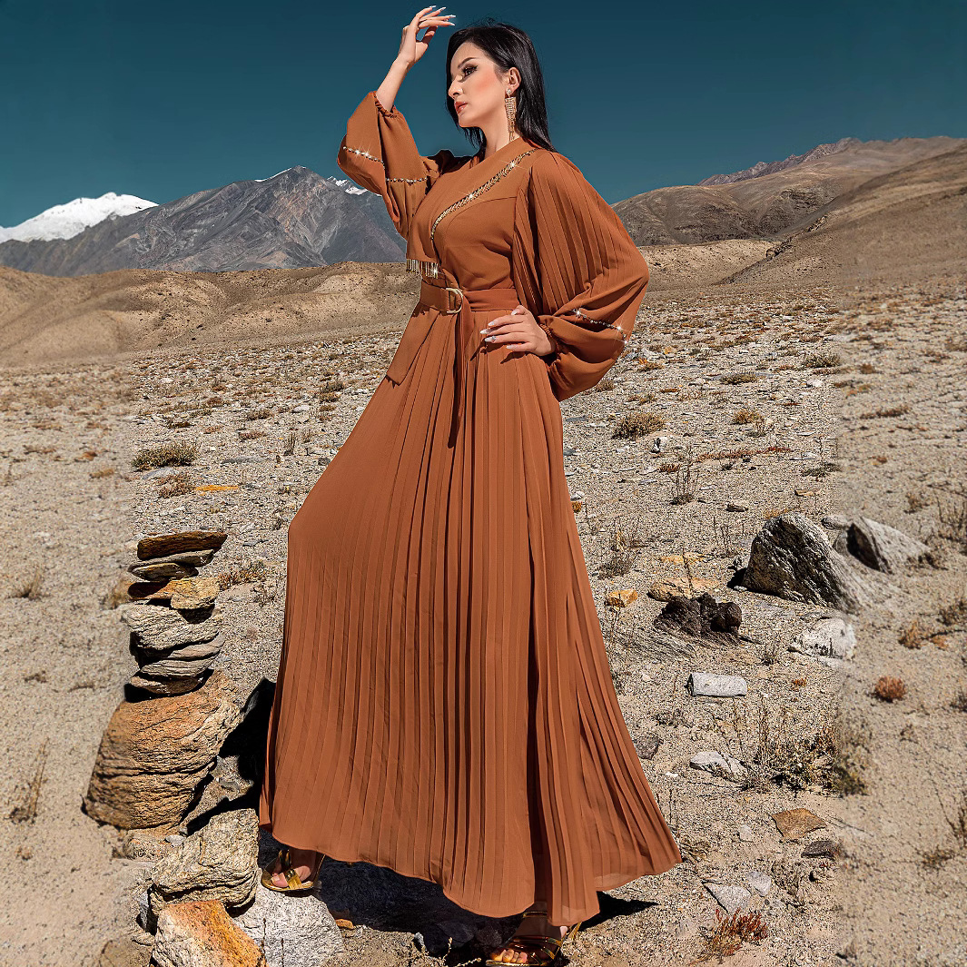 Mode femmes diamants Robe Maxi plissée revers Abaya dubaï caftan Eid Ramadan robes musulmanes turquie Robe Femme robes Caftan