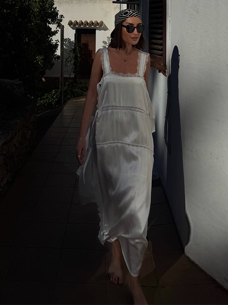 Robe décontractée en dentelle patchwork pour femme, chic, unie, à lacets, sans manches, à fines bretelles, fendue haute, longue et droite, collection été 2026