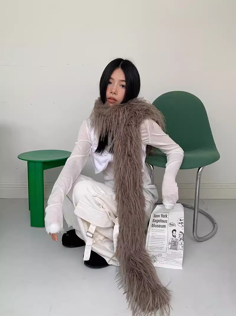 Écharpe en fourrure de vison moelleuse pour femmes et filles, longue bande en peluche à la mode, écharpe chaude, designer coréen, luxe, 216.239., Y2K