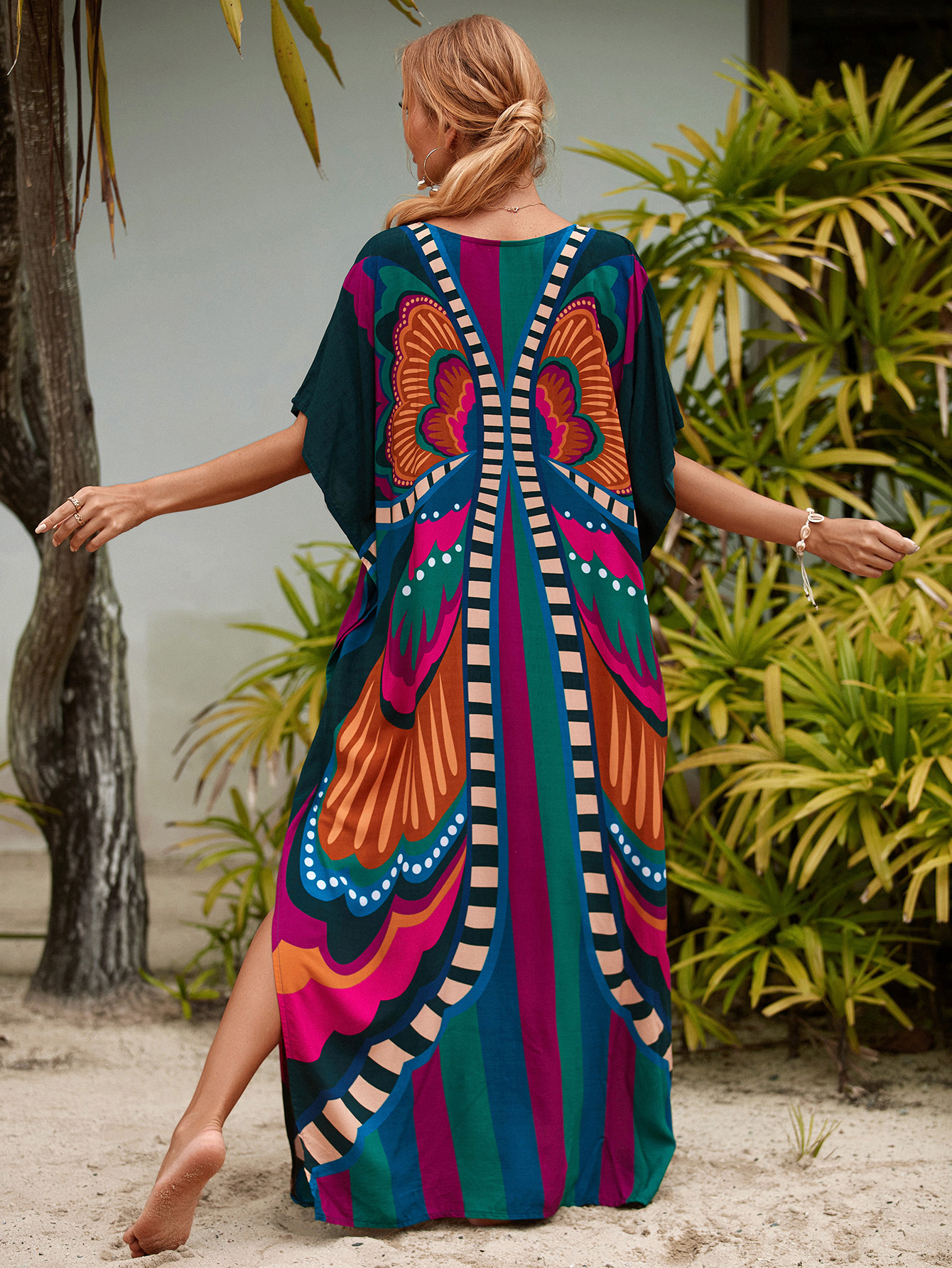 Robes caftan pour femmes col en V imprimé papillon grande taille manches chauve-souris caftans longue maillot de bain couvrir