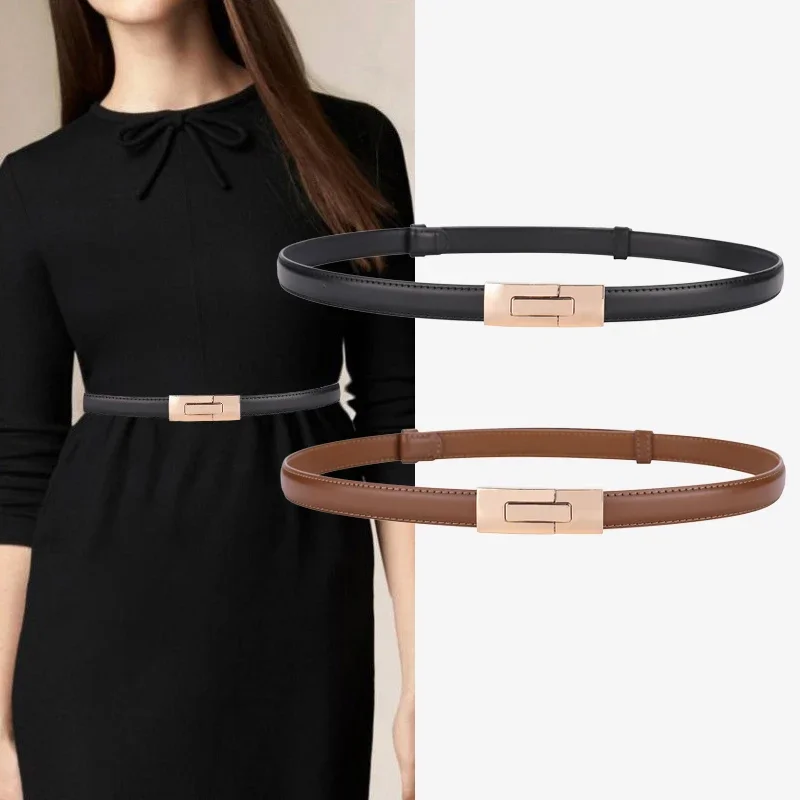 Ceinture fine en cuir de vachette souple pour femmes, ceinture décorative réglable noire, ceinture en cuir de luxe pour femmes