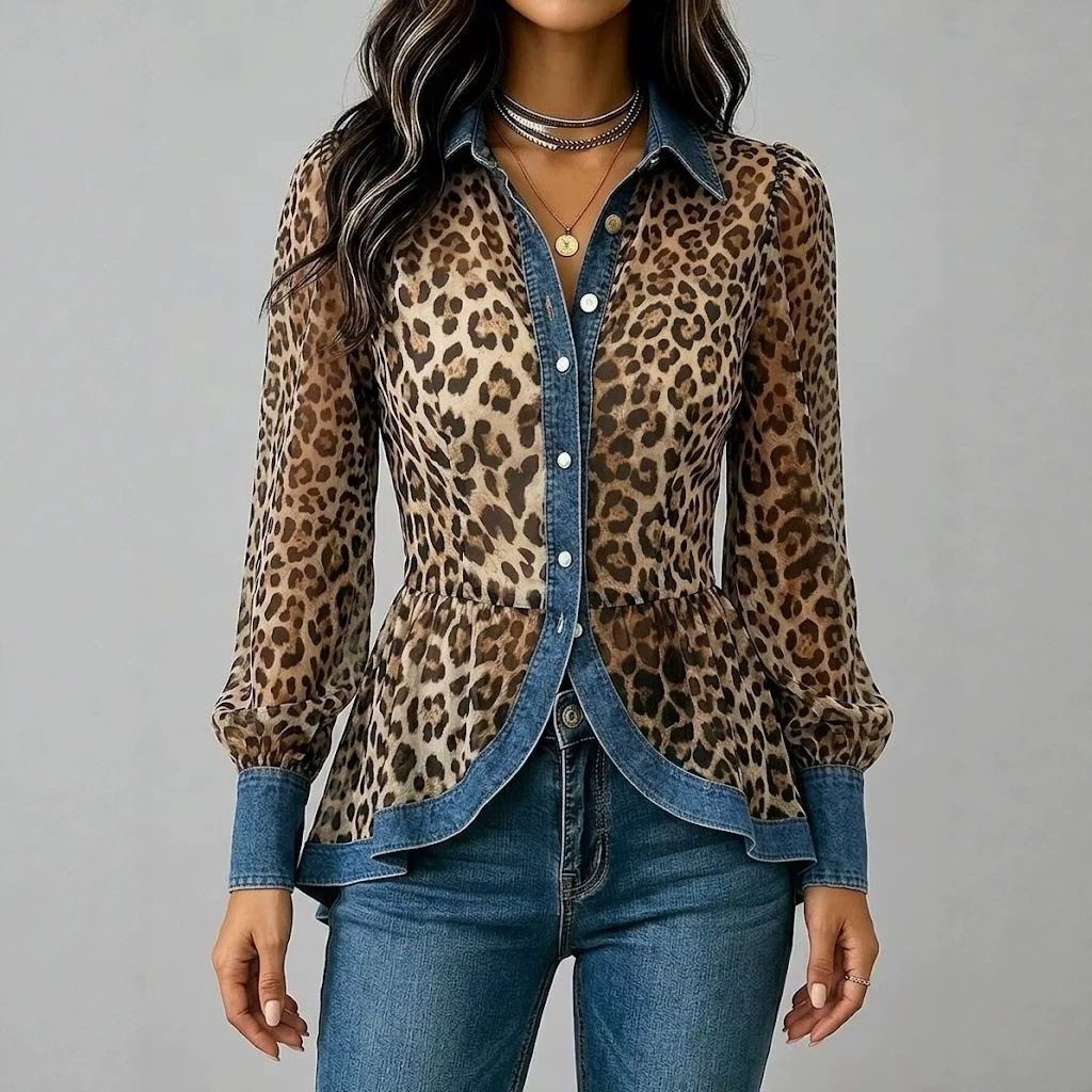 Chemisier Peplum en Chiffon Transparent Imprimé Léopard pour Femme, Chemise à Manches Longues Boutonnée avec Empiècements en Jean, Style Western Décontracté