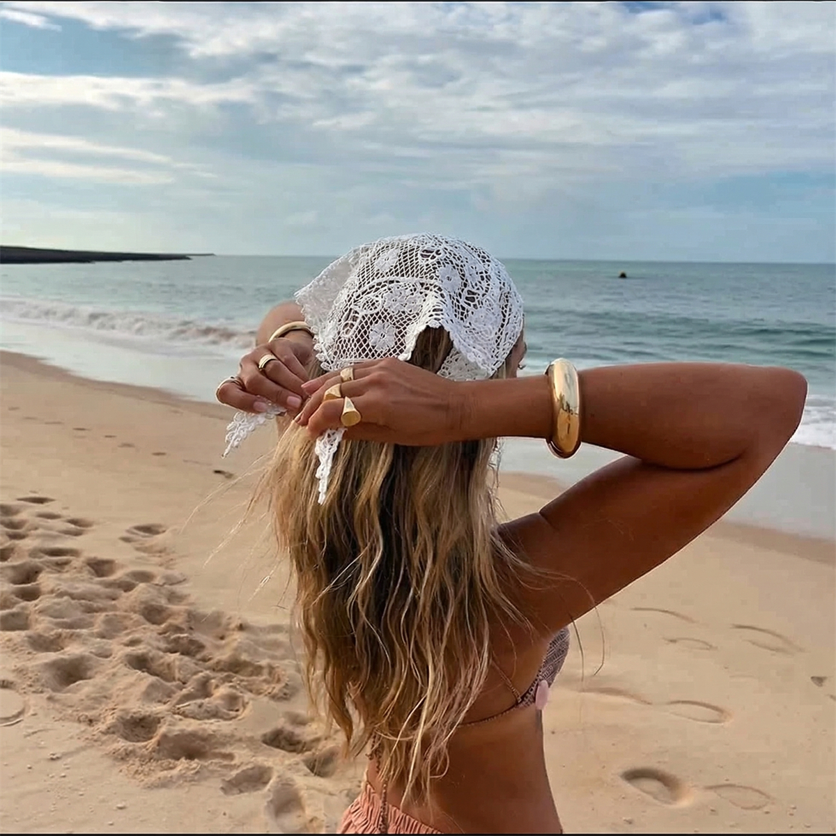 Foulard triangulaire en dentelle pour femmes, style doux pour jeunes filles, protection solaire, printemps-été, style plage français, attache-cheveux, hijab musulman vintage pour femme